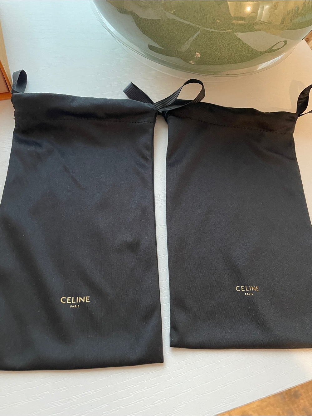 2 pc Celine Black Drawstring Pouch with Gold Logo